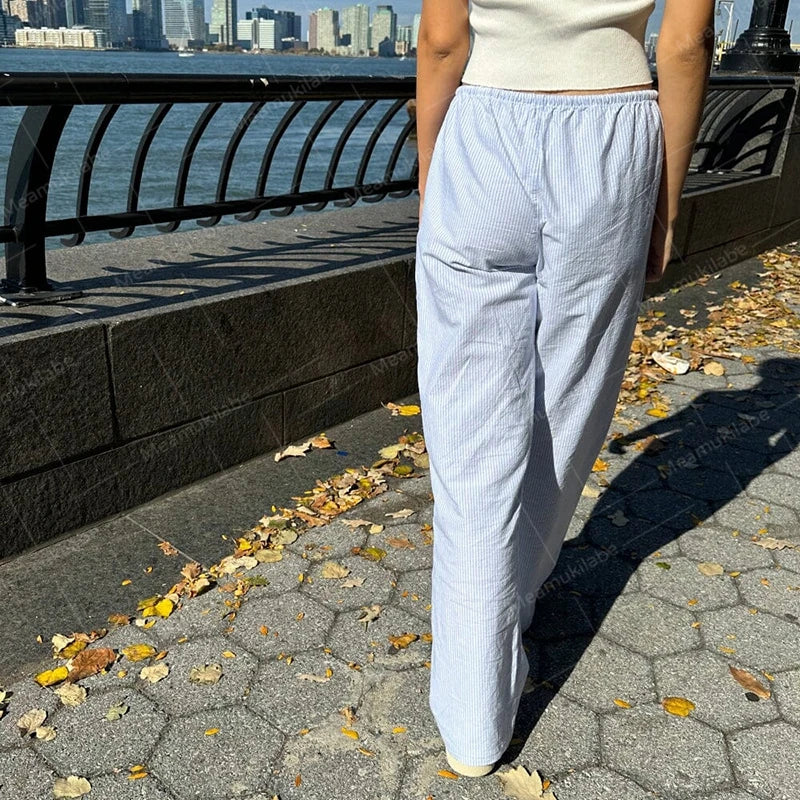 Y2K Vintage Striped Loose Pants Comfy Loung Pants Streetwear Casual Tie Up Waist Wide Leg Trousers Women Pajamas Sleepwear