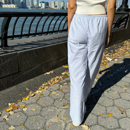 Y2K Vintage Striped Loose Pants Comfy Loung Pants Streetwear Casual Tie Up Waist Wide Leg Trousers Women Pajamas Sleepwear
