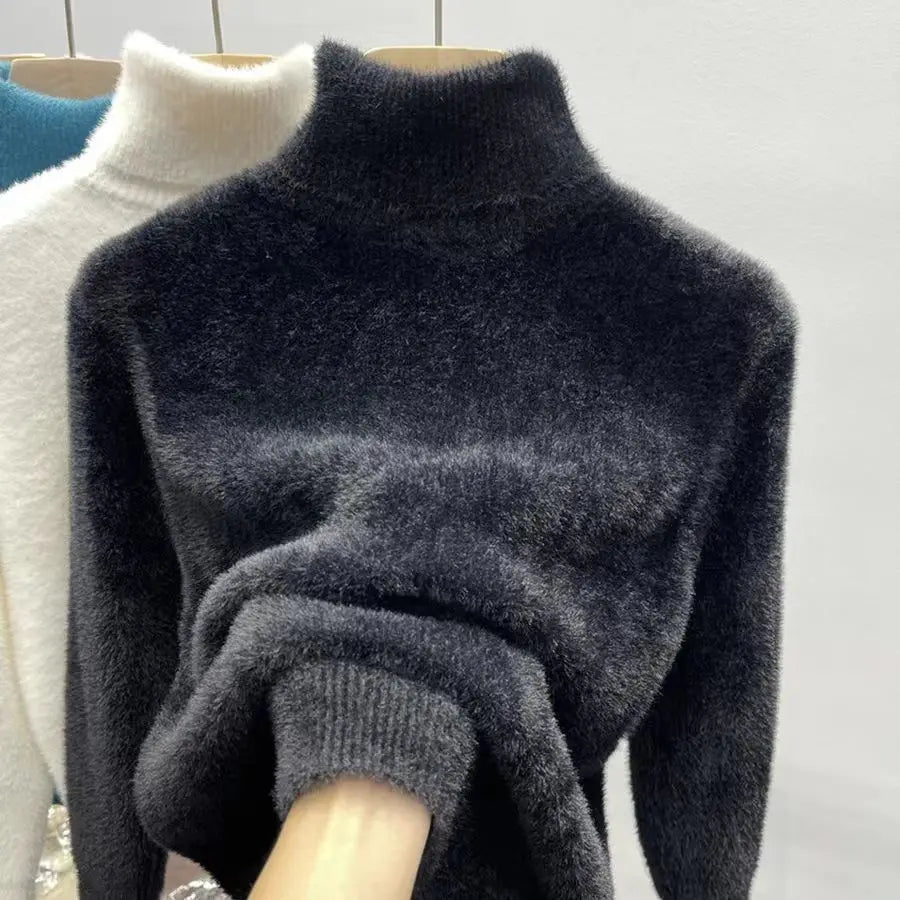 Women's Turtleneck Sweater Faux Mink Top for Women Solid Plush Thickened Warm Bottoming Shirts Basic Knitwear Thermal Pullovers