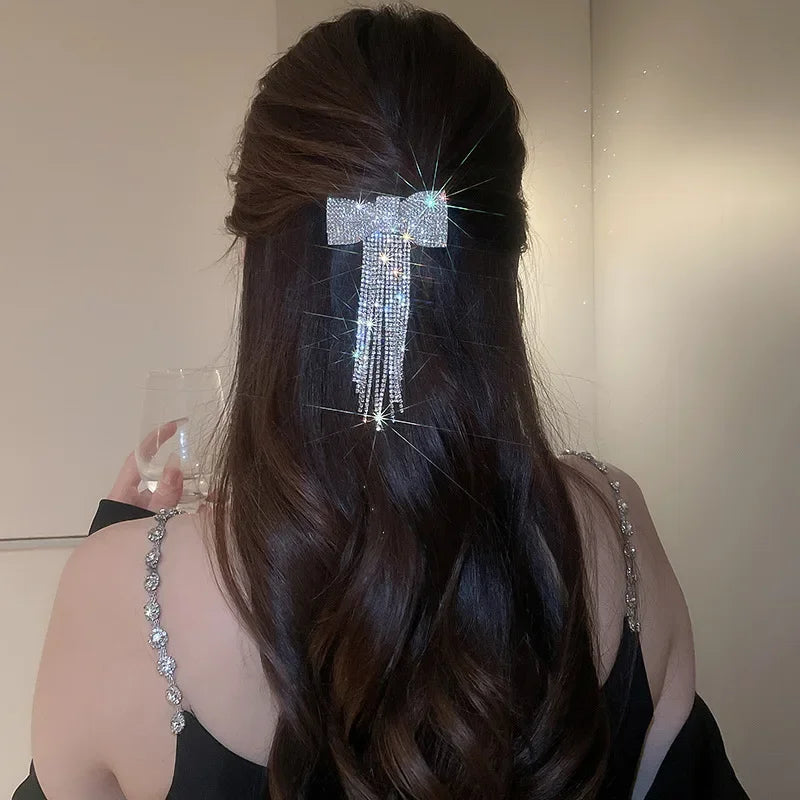 Rhinestone Bow Fringe Hairpin for Women Fashion Temperament Hair Clip Korean Light Luxury Hair Accessories Gold Silver Color