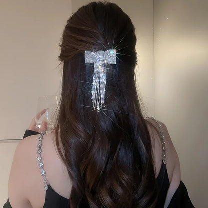 Rhinestone Bow Fringe Hairpin for Women Fashion Temperament Hair Clip Korean Light Luxury Hair Accessories Gold Silver Color