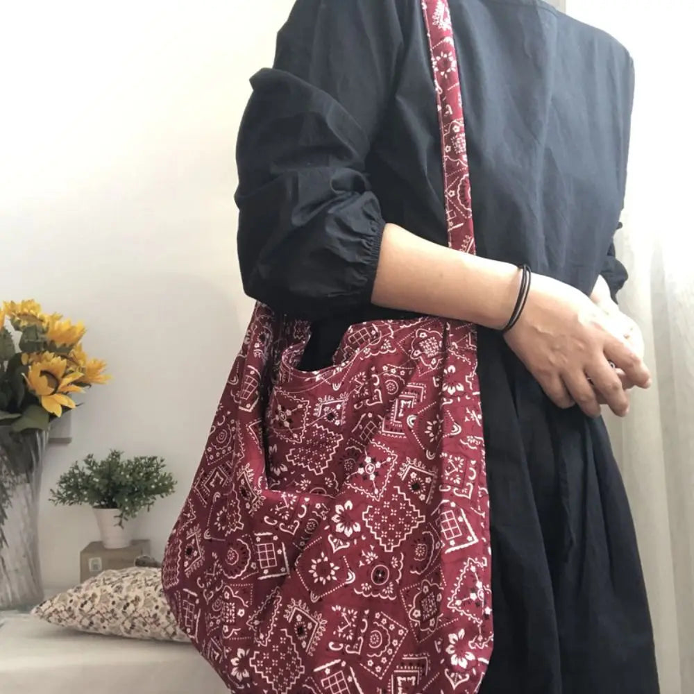 Portable Cotton Shopping Bag Bandanna Print Open Pocket Handbags Reusable High-capacity Books Bag Travel