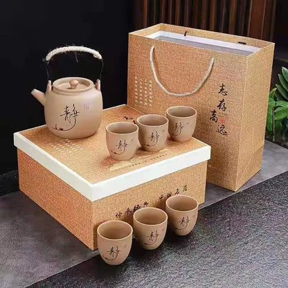 Retro Japanese coarse pottery beam pot business gift ceramic kung fu tea set large teacup