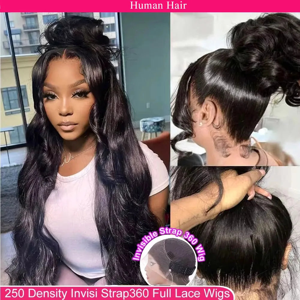 360 Lace Front Wigs Human Hair with Drawstring Pre Plucked Hidden Strap 360 HD Full Lace Body Wave Frontal Wig Glueless Wigs