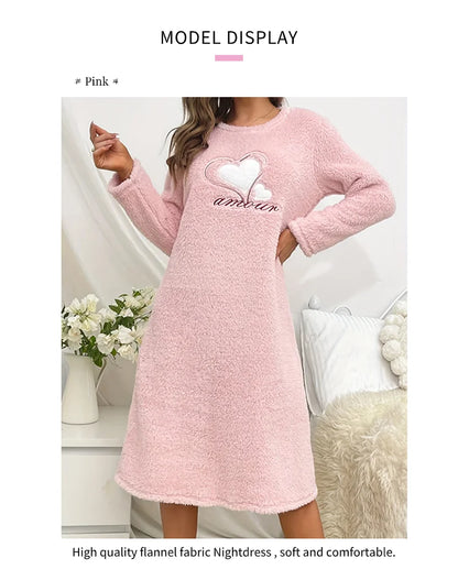 Women Nightgown Nightdress Winter Plush Sleepwear Dress Soft Comfort Long Sleeve Pajama Thicken Flannel Nightwear Home Clothing