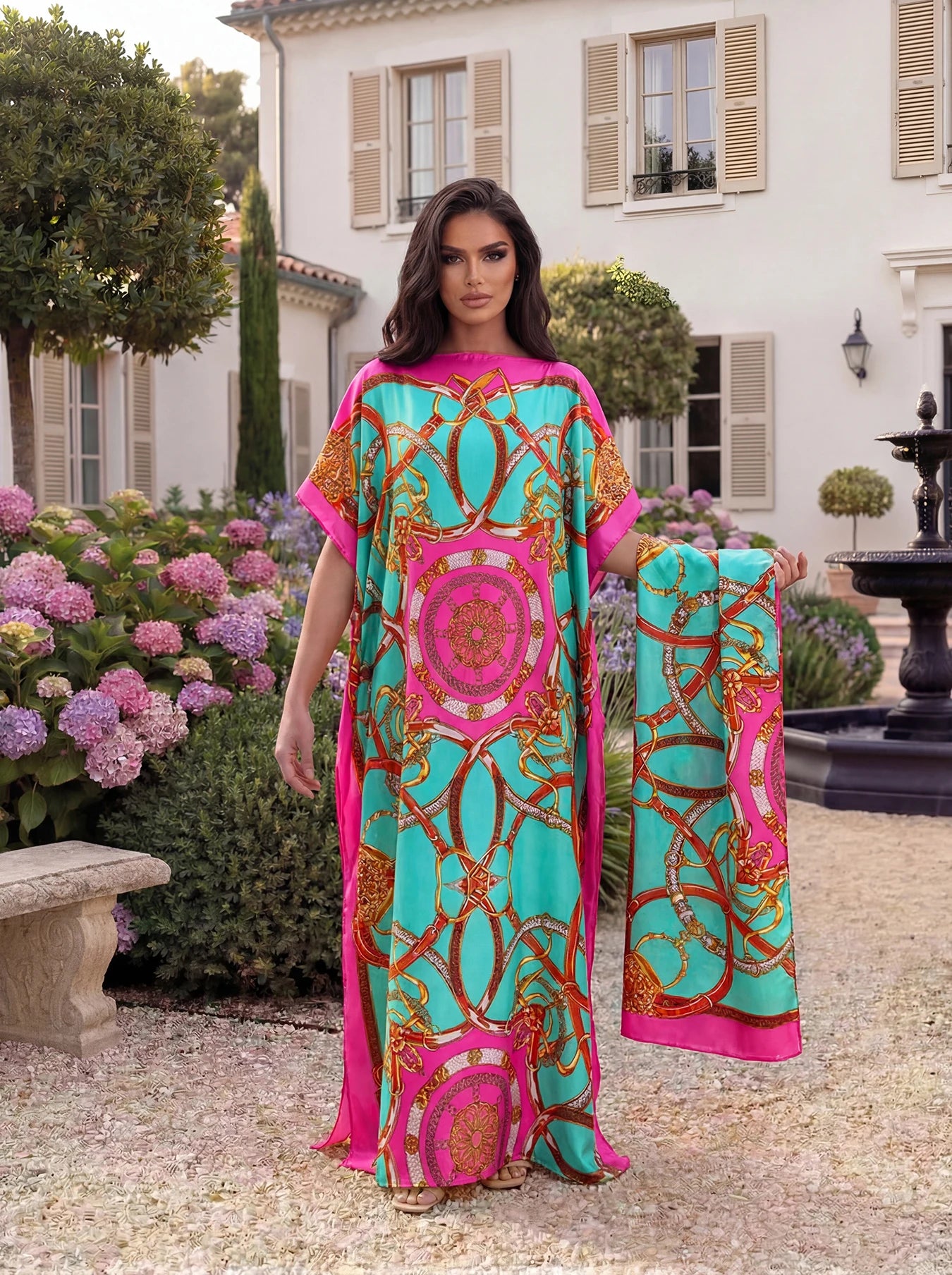 Boho Geometric Print Satin Abaya Scarf Set, Loose Batwing Maxi Kaftan For Muslim Women Summer Daily Holiday Wear
