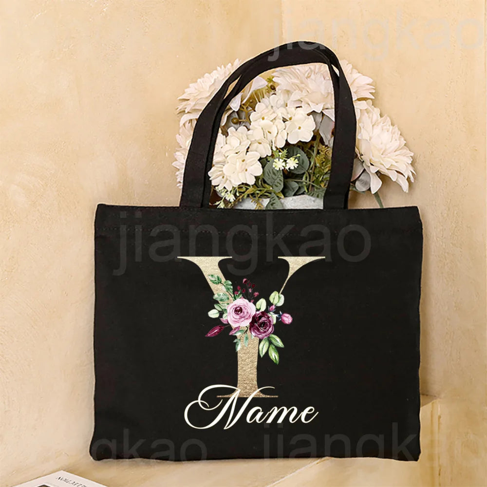 Personalized Initial with Name Tote Bag Women Canvas Shoulder Bags Monogram Shopping Bag Handbags Birthday Wedding Gifts for Her