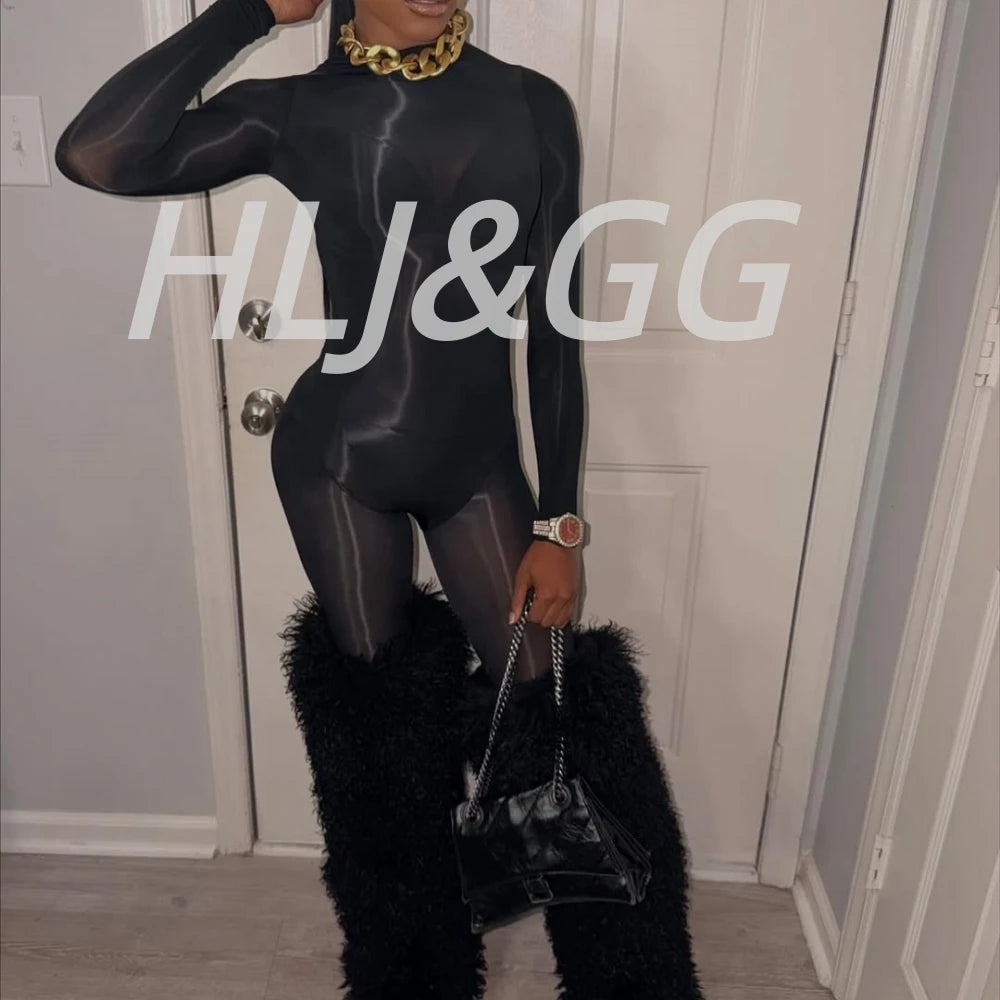 HLJ&GG Black Sexy See Though Bodycon Jumpsuits Women Round Neck Long Sleeve Slim Playsuits And Bodysuits Outfit Fashion Clubwear