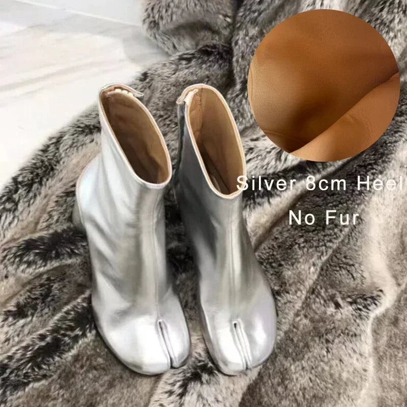 Luxury Brand Designer Tabi Split-toe Ankle Boots Women Genuine Leather Chunky Round Heel Short Boots 2024 Autumn Winter Shoes