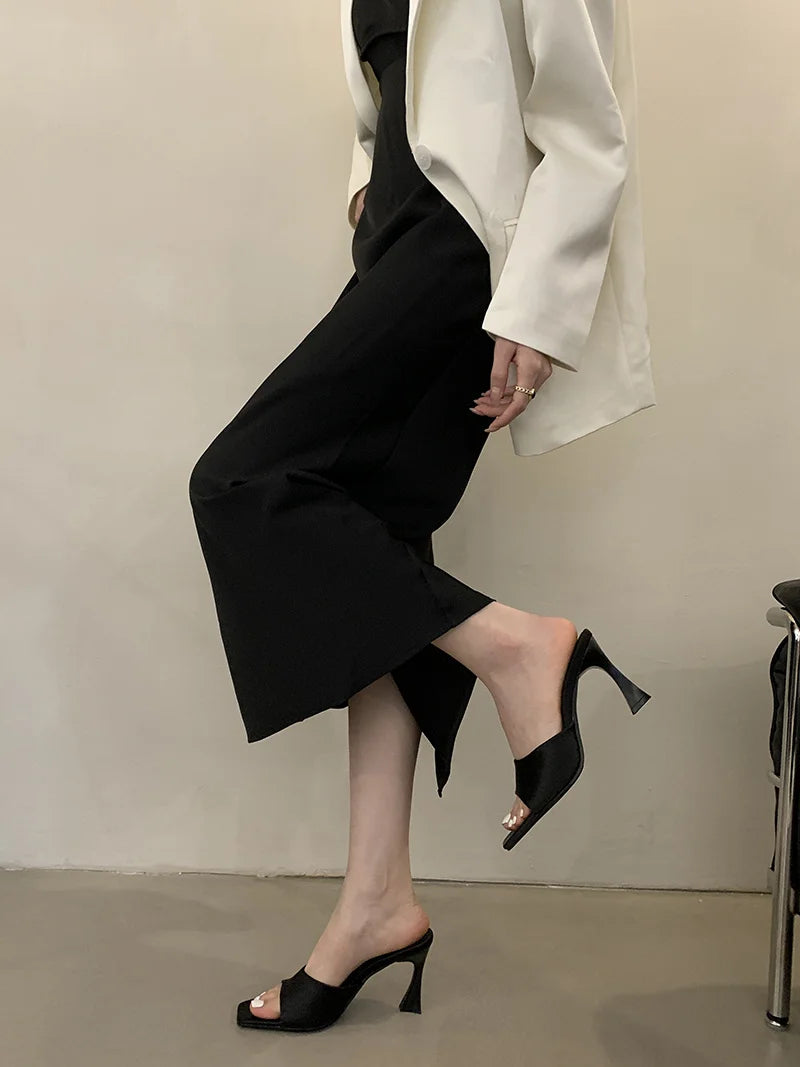 Liyke High Quality Cozy Silk Wide Square Toe Women Slippers Sandals Strange Heels Mules Slides Summer Party Dress Shoes Brown