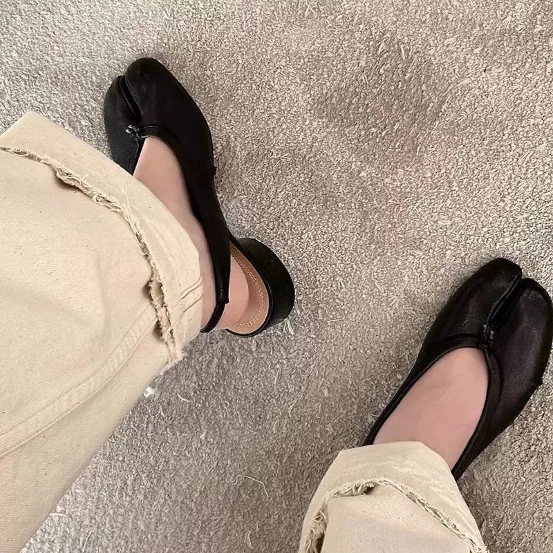 2025 Spring Summer Fashion Soft Leather Split Toe Women Pumps Casual Comfortable 3.5cm Low Heeled Slingbacks Tabi Ballet Shoes
