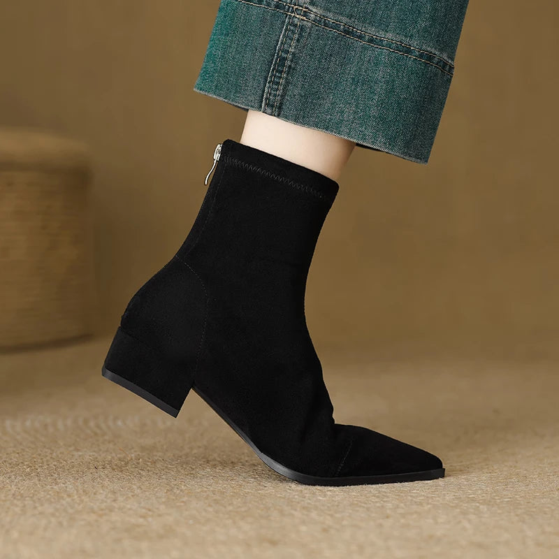 Autumn Vintage Suede Women Ankle Boots Ladies Concise Pointed Toe Thick Heel Short Botas Zapatos De Mujer