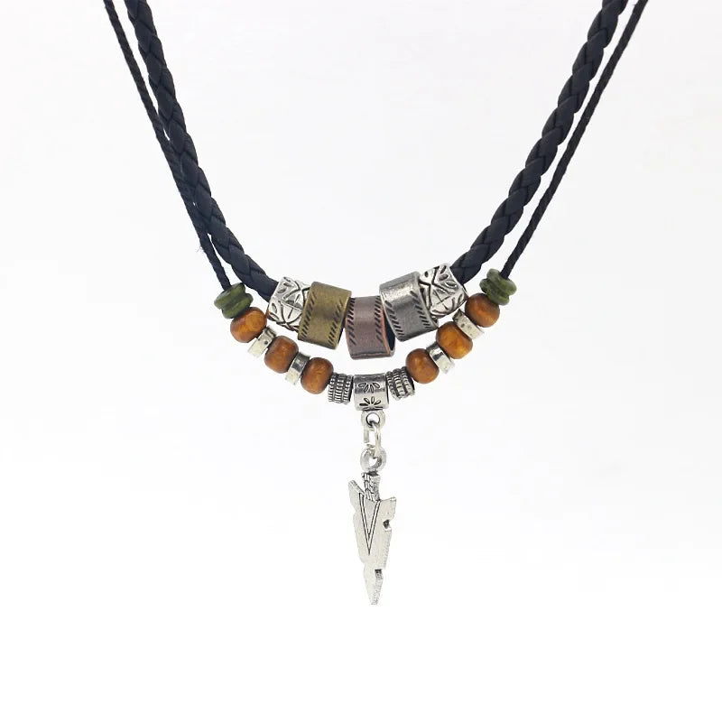 Collana Uomo Artificial Leather Rope Beaded Necklace Men Collier Homme Arrow Pendant Necklace For Men Jewelry Collar Hombre