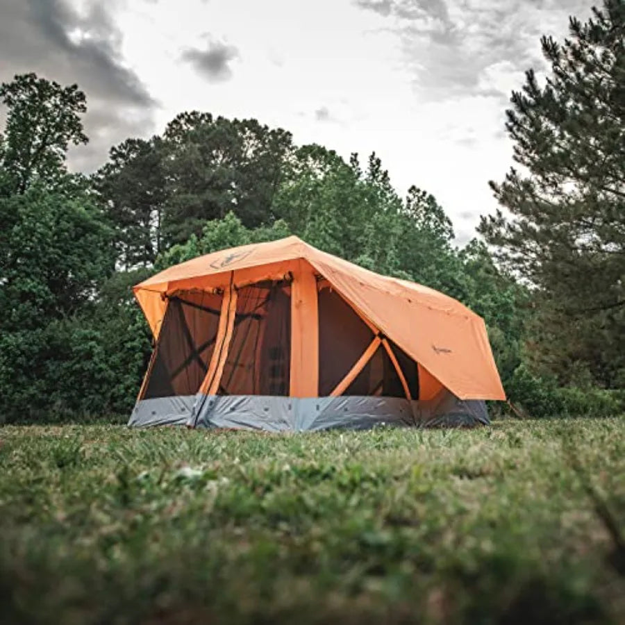 Camping shelter for 4-8 persons, polyester fabric, orange, pop-up setup with rain fly and extended screened sun room
