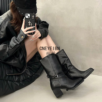 New Women Square Toe Cross Strap Buckle Knee High Boots Leather Chunky Heel Vintage Tall Boots Ladies Daily Commute Botas Mujer