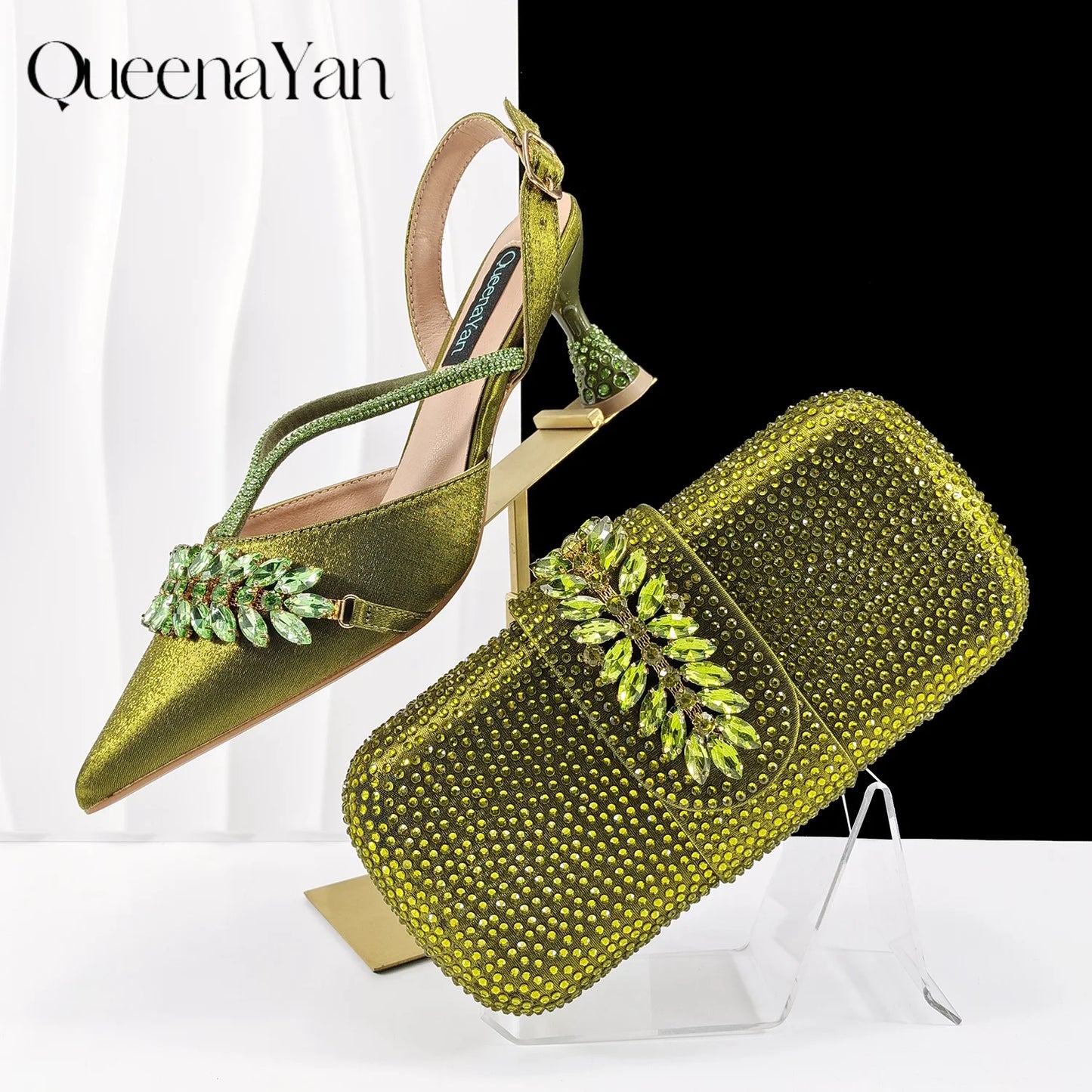 QueenaYan 2026 New Shiny Italian Fashion Pointed Toe Women Heel Fashion Rhinestone Decoration Pink Color Shoes And Bag Set