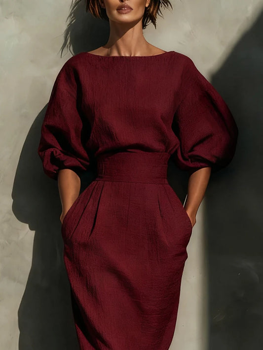 Elegant Fashion Solid Party A-lien Dress Casual O-neck Lantern Sleeve Pocket Dress Temperament High Waist Pleated Wrap Hip Dress