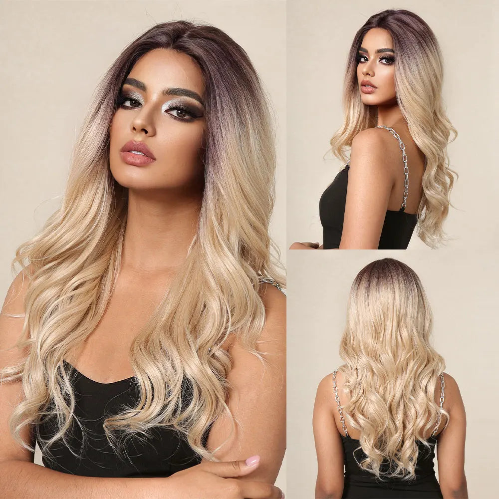 Long Wavy Transparent Lace Front Synthetic Wigs Brown Golden Ombre Lace Frontal Wig for Black Women Natural Cosplay Closure Hair