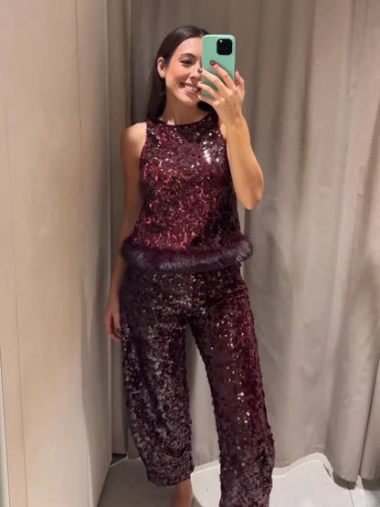 Chic Sequin Sleeveless Top Pants Set Women Faux Fur Patchwork Tops High Waist Straight Trousers Sets Lady Party Street Outfits