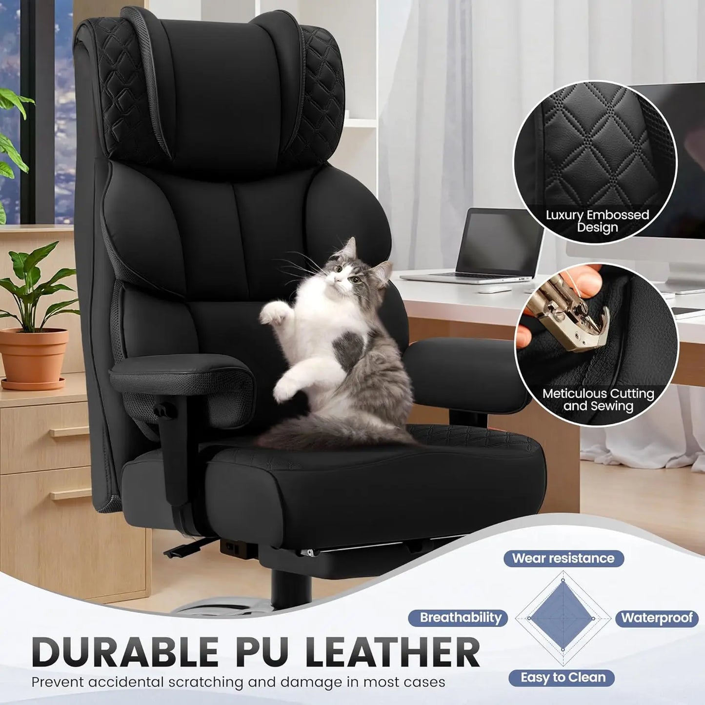 Office Desk Chair, Big and Tall Leather Gaming Chair with Footrest, Wide Ergonomic Comfy Executive High-Back, Customized
