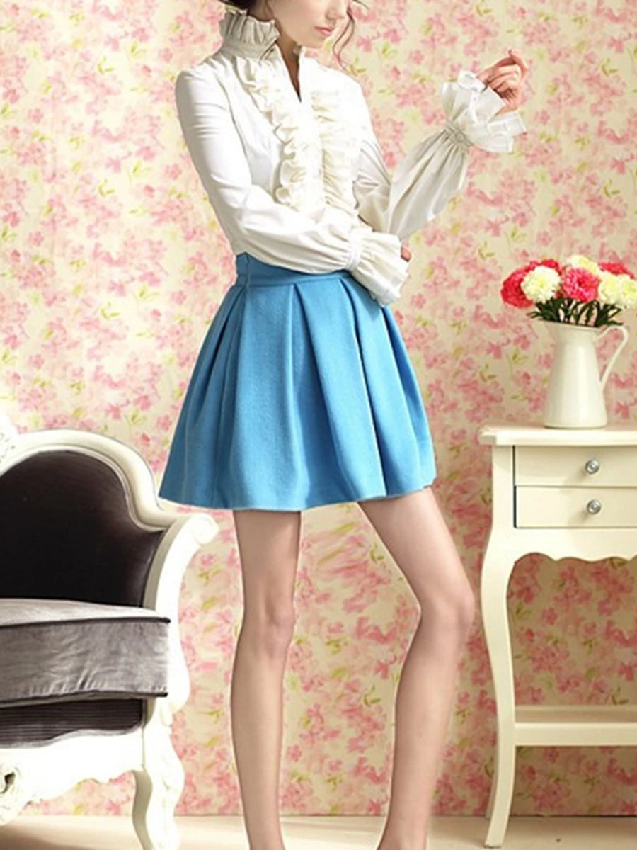 US Women Solid Lady Shirt Frilly Ruffle shirt Tops Flounce Casual Blouse Clothes Shirts