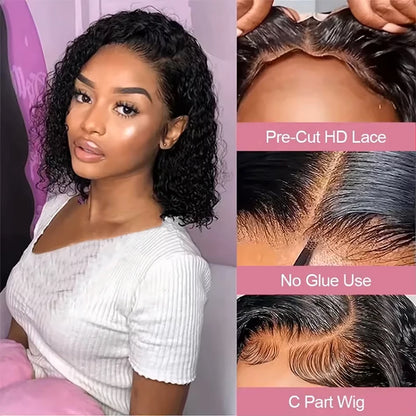 16Inch Wear And Go Glueless Bob Wig Human Hair Short Curly Deep Wave Lace Front Wigs Pre Cut Brazilian Hair 4x4 5X5 HD Lace Closure Wig  220% Density Pre-Plucked No Lace Front Closure Ready to Wear Natural Human Hair Lace Fro