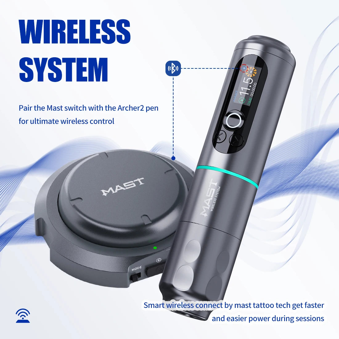 Mast Archer2 Wireless Tattoo Machine Kit 3.5mm Stroke 2100mAh Battery Brushless Motor with Mast Pro Needles Cartridges Supplies