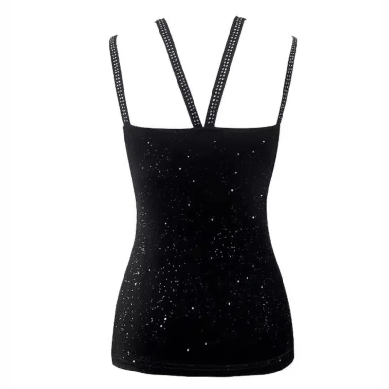 Women's Fashion Tank Top Camisole Glitter Rhinestone V-Neck Cami Tops Cross Strap Vest Female Night Club Wear Summer New Clothes