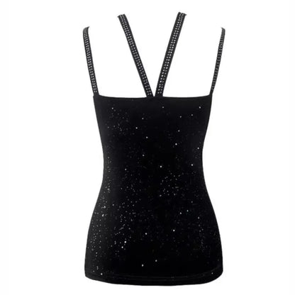 Women's Fashion Tank Top Camisole Glitter Rhinestone V-Neck Cami Tops Cross Strap Vest Female Night Club Wear Summer New Clothes