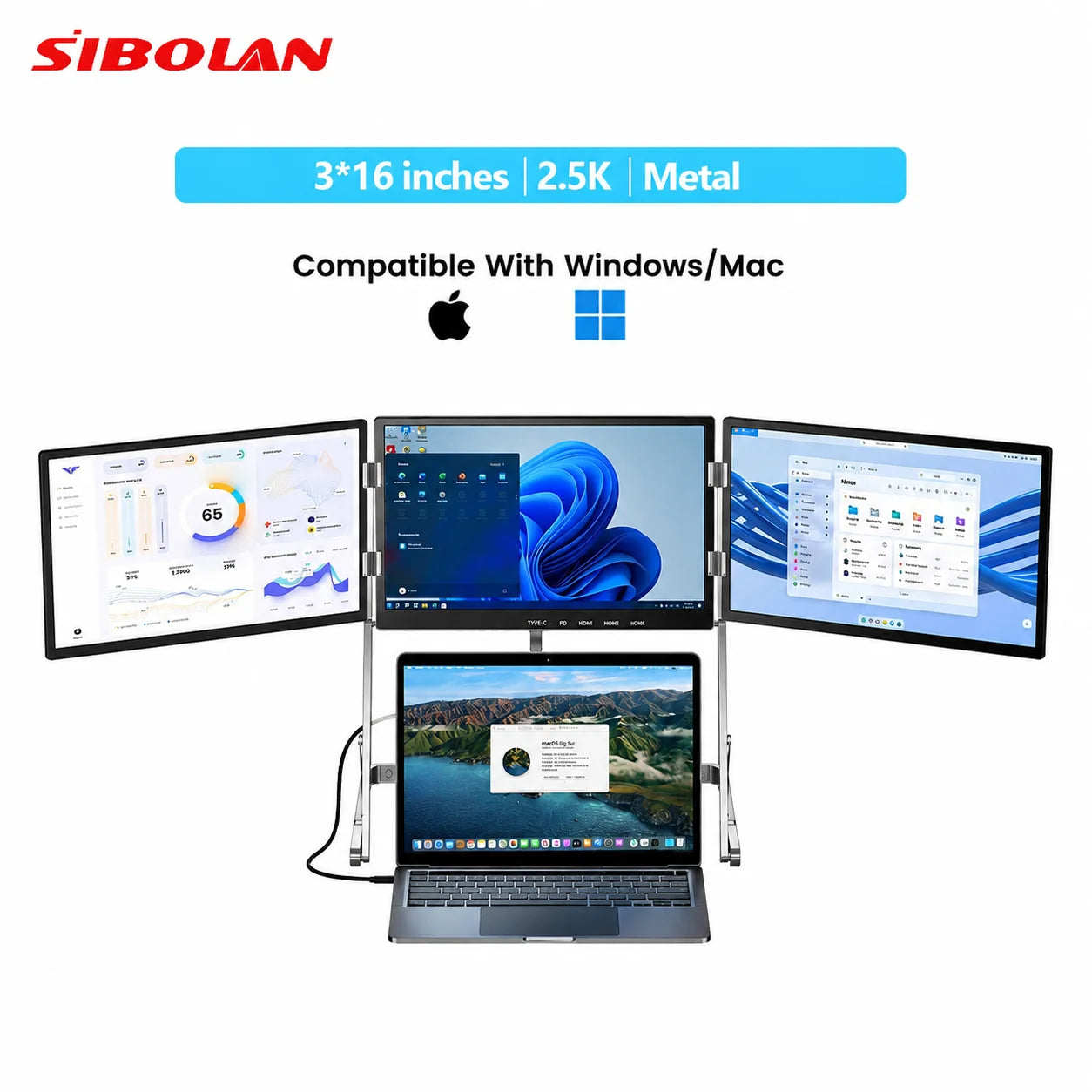 Sibolan 16" 2.5K Three Screen Portable Monitor 60Hz 100% sRGB Metal Body HDMI USB-C Plug Laptop Display Extender For Wins Mac OS