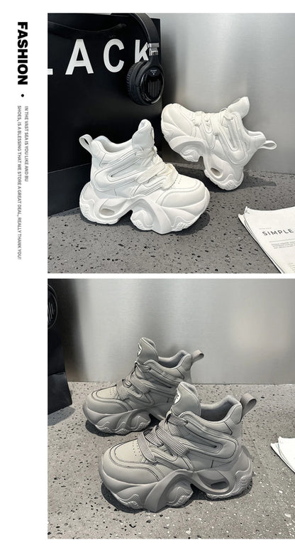 Chunky Platform Hidden Height Increasing Sneakers Casual Lace Up Shoes In White And Grey With Hollow Out Design For Streetwear