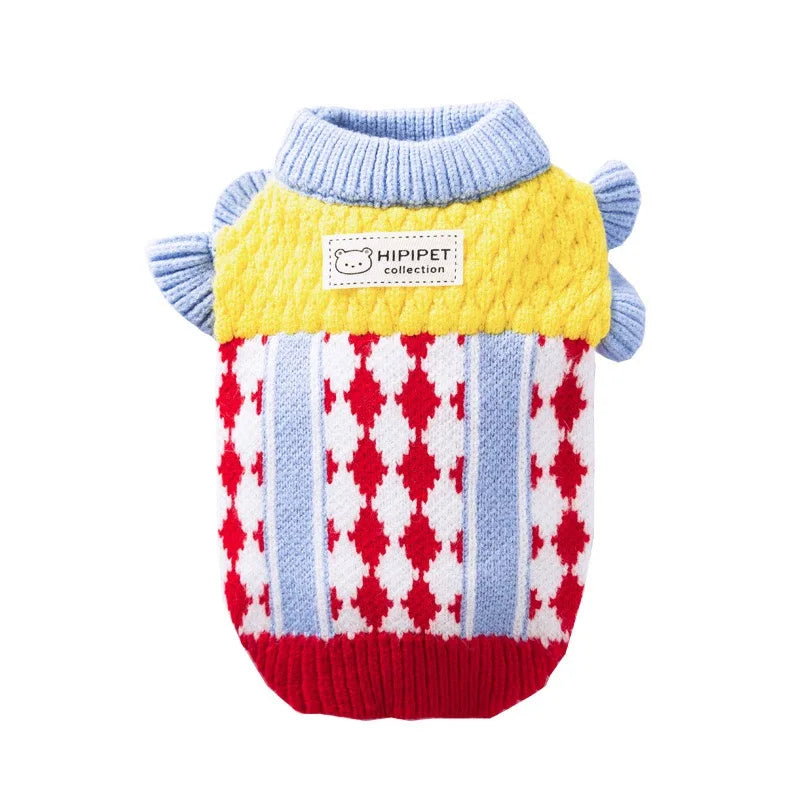 Diamond Grid Solid Cat Sweaters Warm Wool Knitting Winter Sphinx Small Dogs Clothing Ruffle Sleeve Female Girl Puppy Overalls