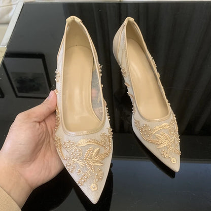 Pointed Toe Mesh Embroider High Heels for ladies Elegant String Bead pumps Sexy Luxury Designer Shoe Party Wedding Heeled Sandal
