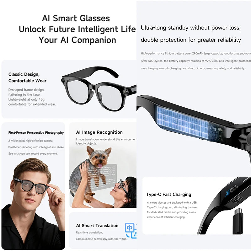 2026 New Smart Glasses Listening To Music Open Listening AI Translation AI Voice Assistant AI Image Recognition Smart Glasses