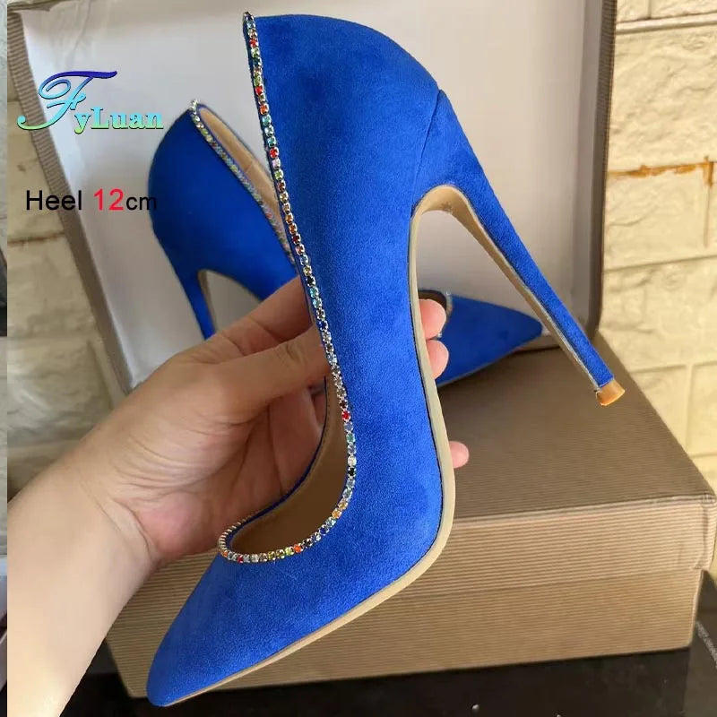 New Style Fashion Women Pumps Blues Suede Rhinestone Shallow Mouth High Heels Single Shoes Pointy Toe Stiletto Party Lady Shoes