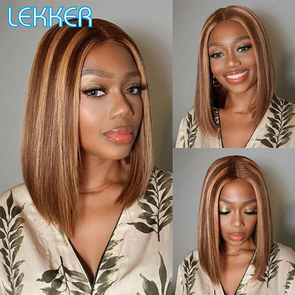 100% Human Hair Wigs Highlight Brown Long Pixie Straight Bob Middle Part lace Front For Women Brazilian Remy hair Glueless Wigs