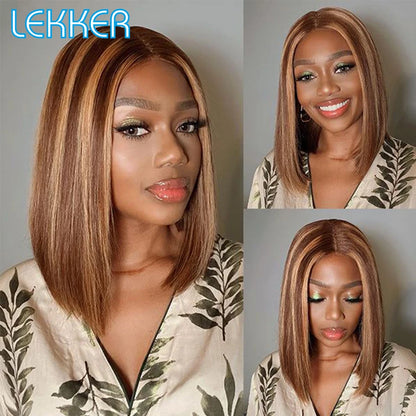 100% Human Hair Wigs Highlight Brown Long Pixie Straight Bob Middle Part lace Front For Women Brazilian Remy hair Glueless Wigs