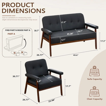 Black Leather Love seat Sofa and Accent Chairs, Mid-Century Modern Office Furniture LoveSeat Couch and Chair Set, Customized