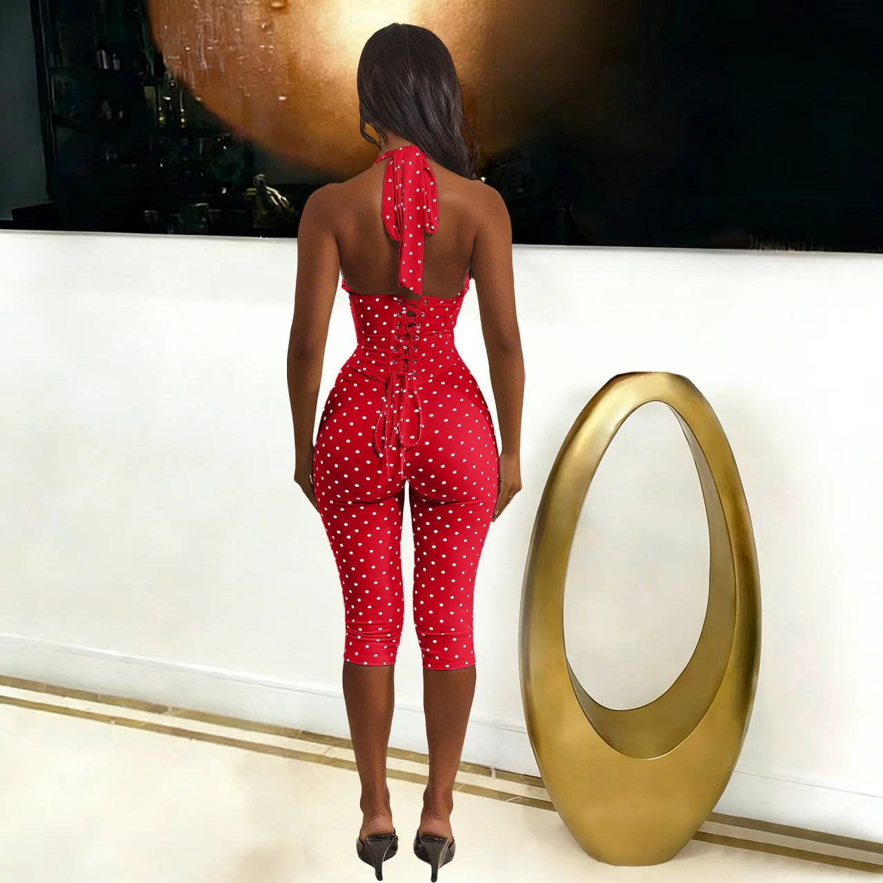 FAGADOER Sexy Polka Dot Print Bodycon Jumpsuits Woman Halter Deep V-neck Backless Rompers Female Streetwear Overalls 2026 New