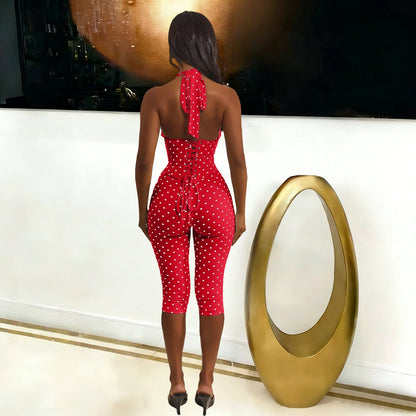 FAGADOER Sexy Polka Dot Print Bodycon Jumpsuits Woman Halter Deep V-neck Backless Rompers Female Streetwear Overalls 2026 New