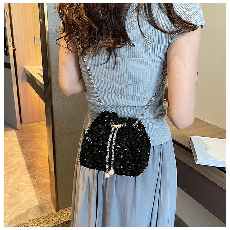 Good-looking Personality Sequin Women's New Korean Bucket Bag Bright Eyes Style Fashion Crossbody Dinner Single Shoulder Bags