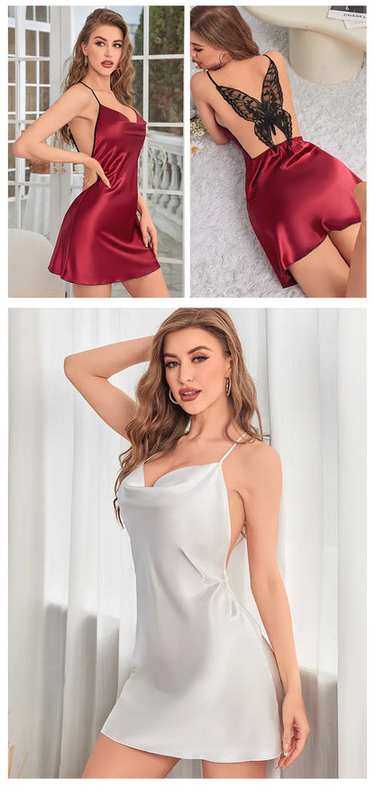 Summer Solid Silk Stain V-neck Nightgown Women's Sleepwear Butterfly Cross Suspender Backless Mini Dress Thin Nightdress