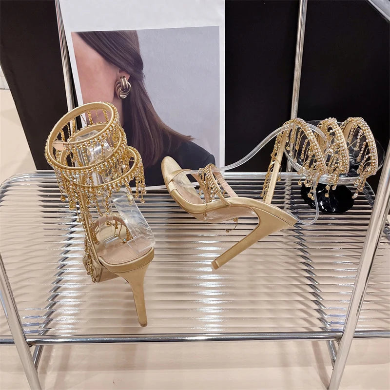 Liyke Elegant Women Wedding Banquet Shoes Fashion Crystal Tassel Twining Stiletto Sandals Sexy Open Toe Stripper Heels Golden