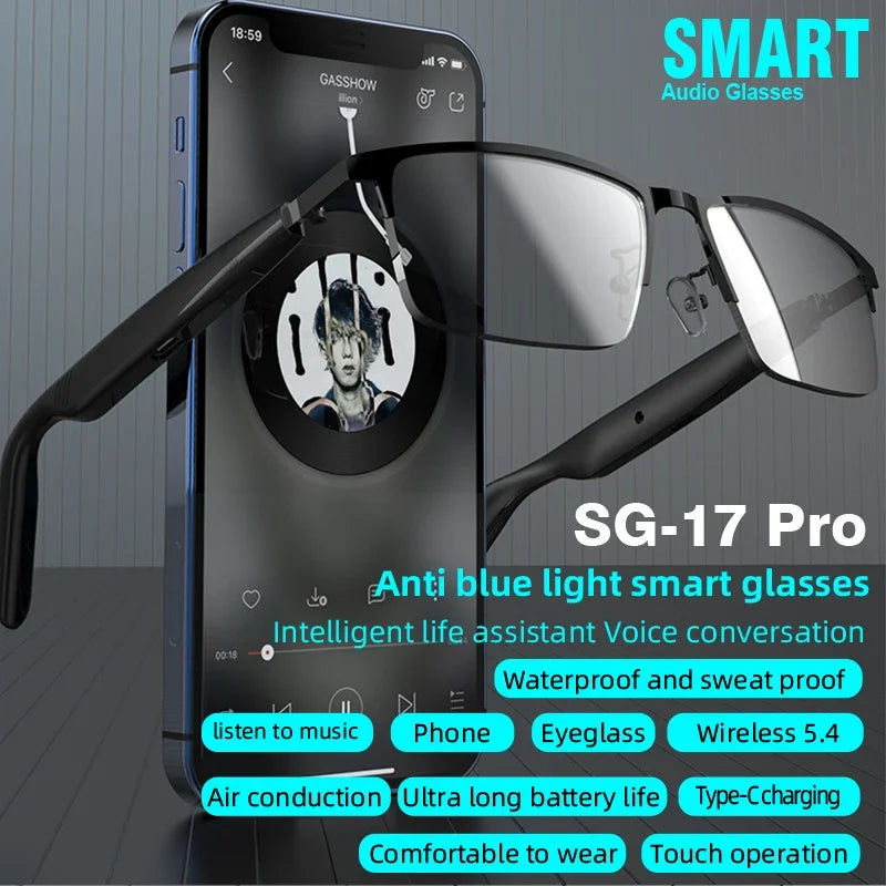 SG-17 Pro 2025 New Bluetooth Smart Glasses Anti-Blue Light Sunglass Music Player Voice Assistant Outdoor Sports Smart Sunglasses