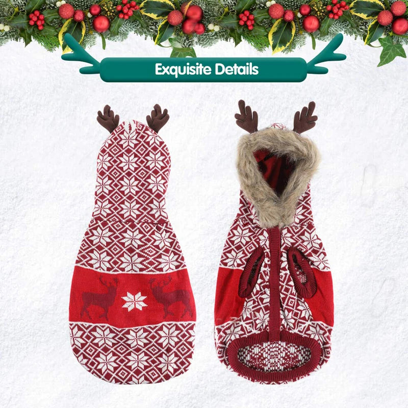 Benepaw Christmas Dog Sweater Winter Warm Reindeer Hooded Knitted Pullover Cat Puppy Clothing Pet Clothes For Small Medium Dogs