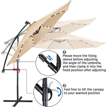 Solar Offset Umbrella with 10FT 32 LED Lights Cantilever Outdoor Umbrellas Handy Crank & Cross Base  for The Beach for Backyard
