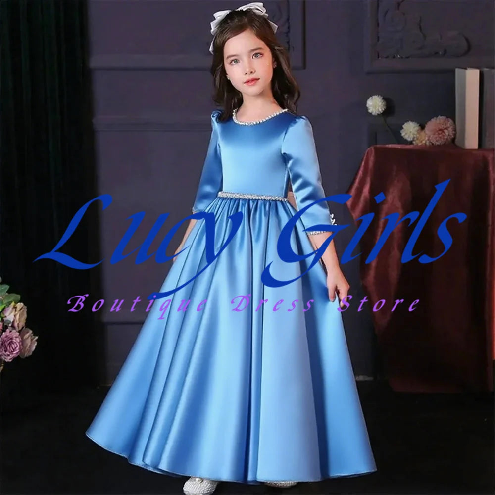 Lovely White Satin Flower Girl Dress for Wedding Dresses Little Princess Bow Kids Birthday Party Evening Customise Gowns