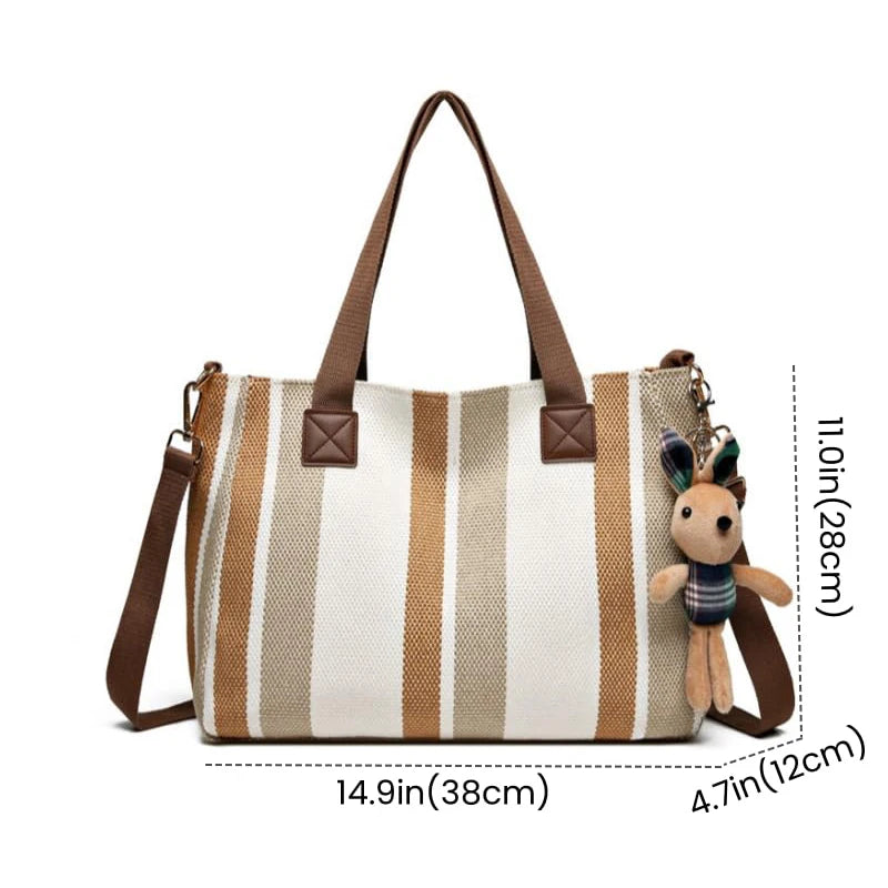 Tote Bag for Women Large Capacity Canvas Striped Shoulder Bag with Cute Pendant Commute Handbag Casual Versatile Crossbody Bag