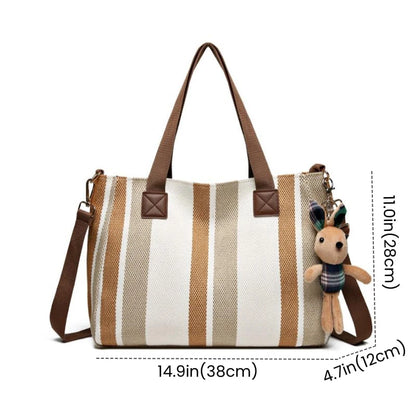 Tote Bag for Women Large Capacity Canvas Striped Shoulder Bag with Cute Pendant Commute Handbag Casual Versatile Crossbody Bag