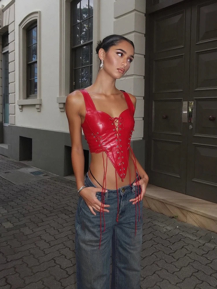 Kliou PU Leather Tank Tops Woman Low-Neck Shirring Backless Irregular Hem Skinny Stretch Hot Girls High Street Style Clothing